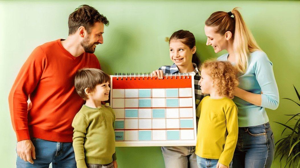 Family exploring calendar at Level Up Montessori toddler and preschool program in Saratoga.